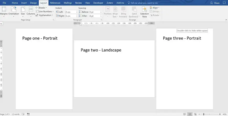 set landscape and portrait pages in Word
